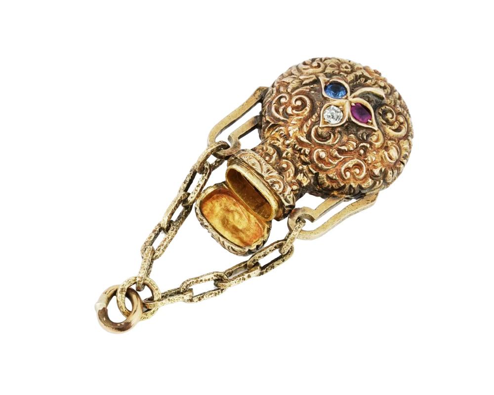 Antique 14 K Gold Ruby Diamond Sapphire Bottle Charm In Good Condition In New York, NY