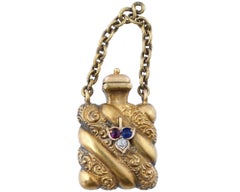 Antique 14 K Gold Ruby Diamond Sapphire Bottle Charm