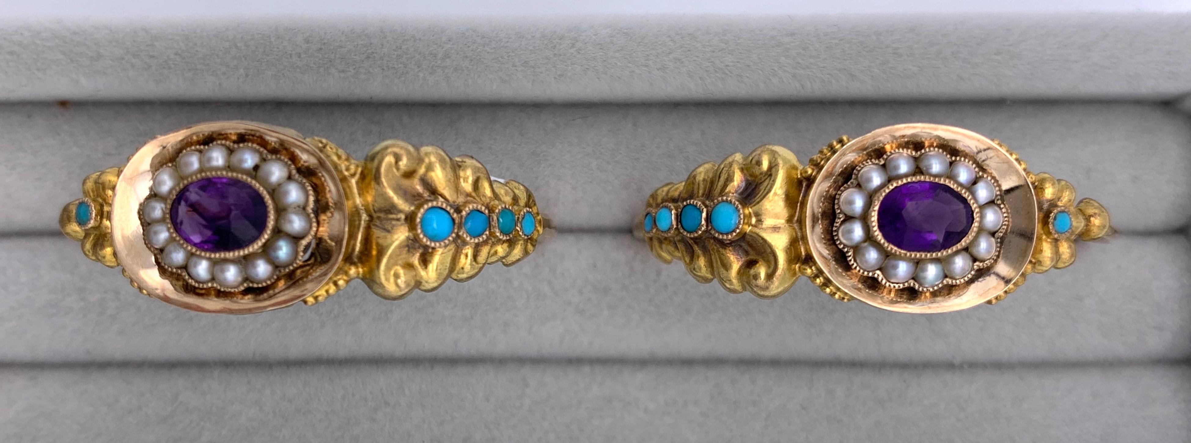 Boucles d'oreilles anciennes en or jaune rose 14 carats avec turquoise, améthyste naturelle et perle  Bon état - En vente à Munich, Bavaria