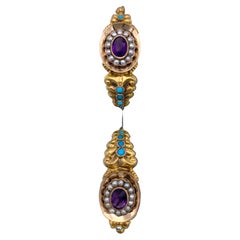 Antique 14 K Rose + Yellow Gold Earrings Hoops Turquoise Amethyst Natural Pearl 