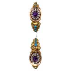 Antique 14 K Rose Yellow Gold Earrings Hoops Turquoise Amethyst Natural Pearl