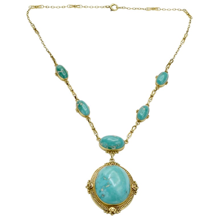 Antique 14 Karat and Turquoise Necklace For Sale at 1stdibs