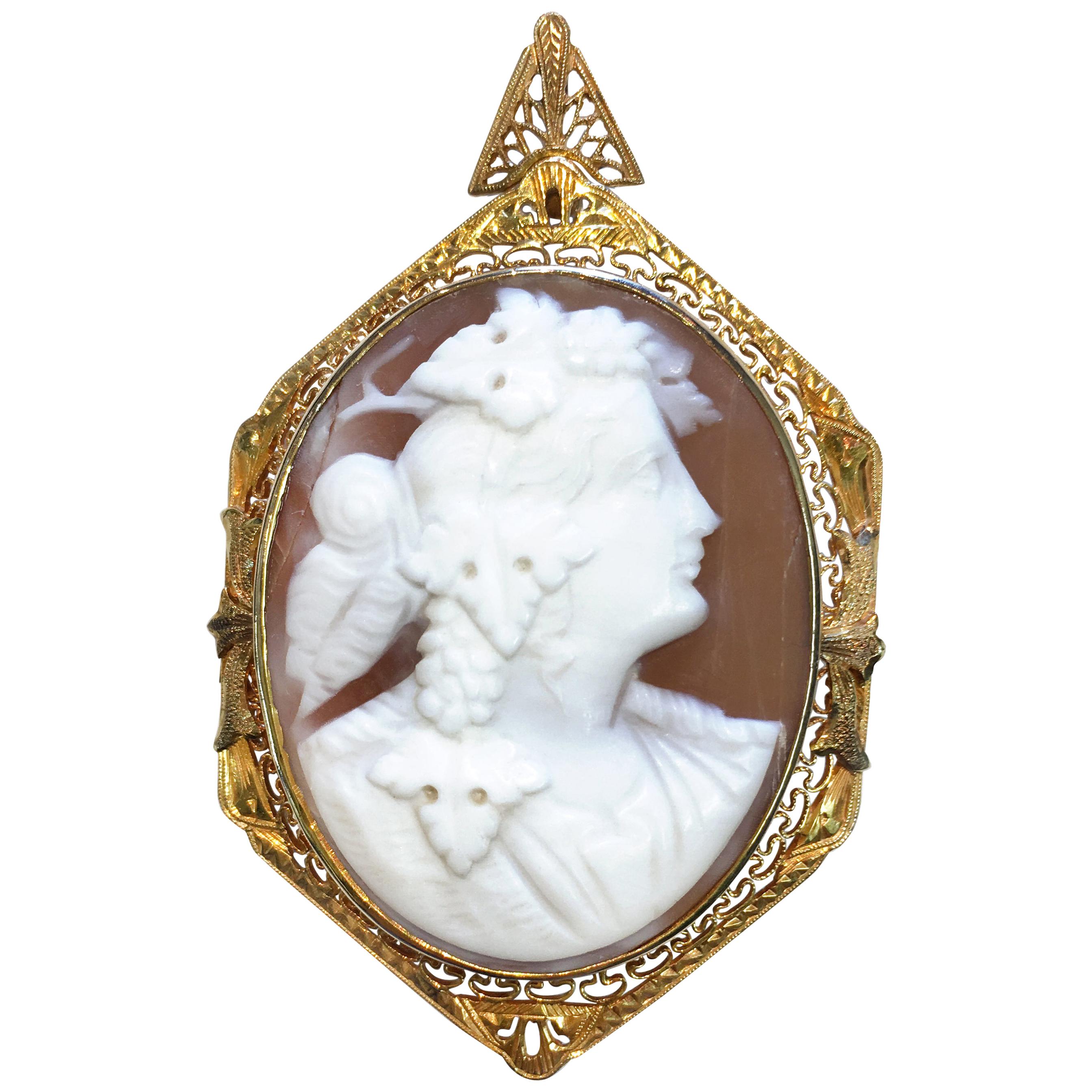 Antique 14 Karat Carved Shell Cameo Brooch Pendant For Sale