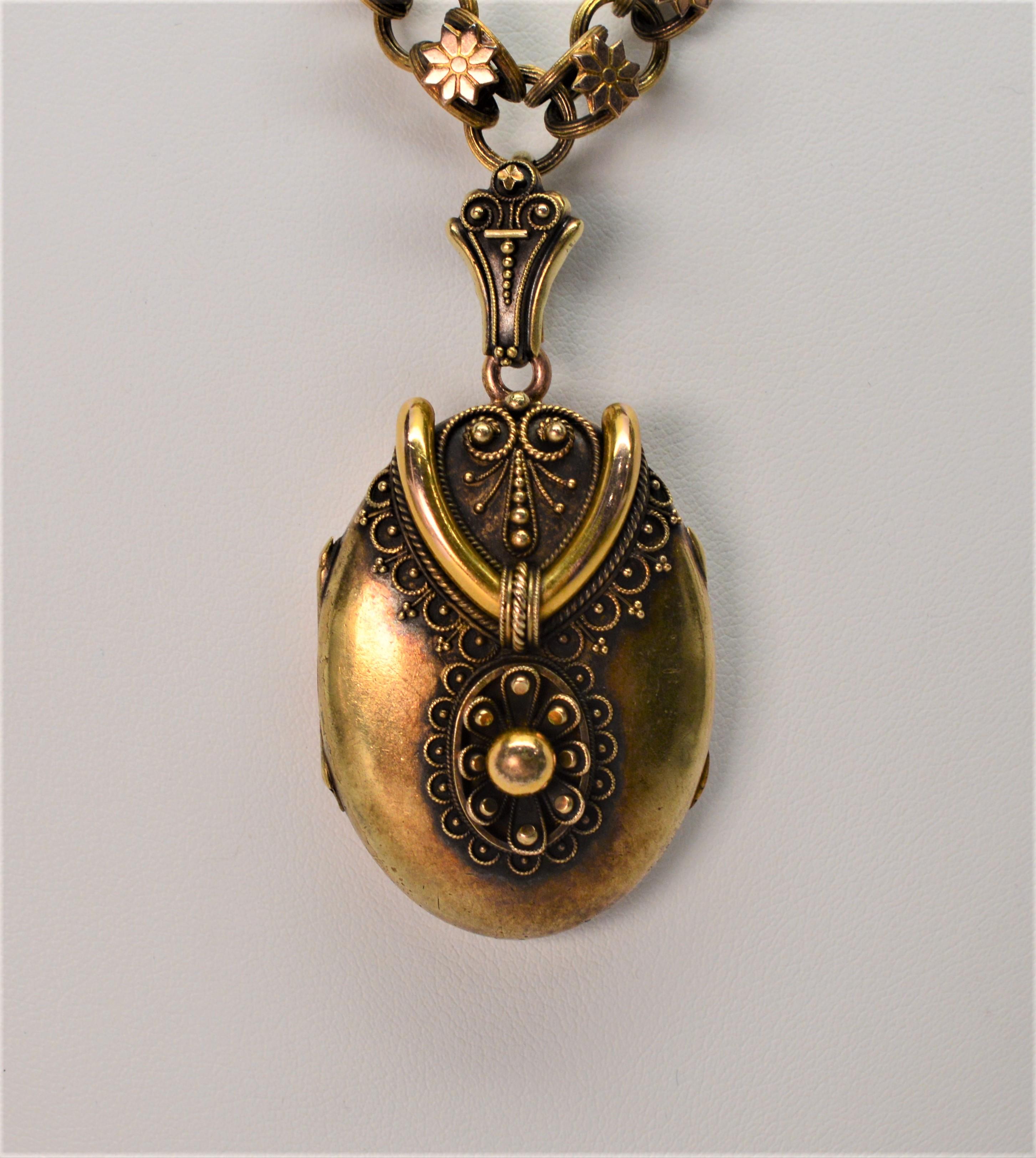 Antike antike 14 Karat Double Looped Kette Anhänger Medaillon Halskette (Viktorianisch) im Angebot