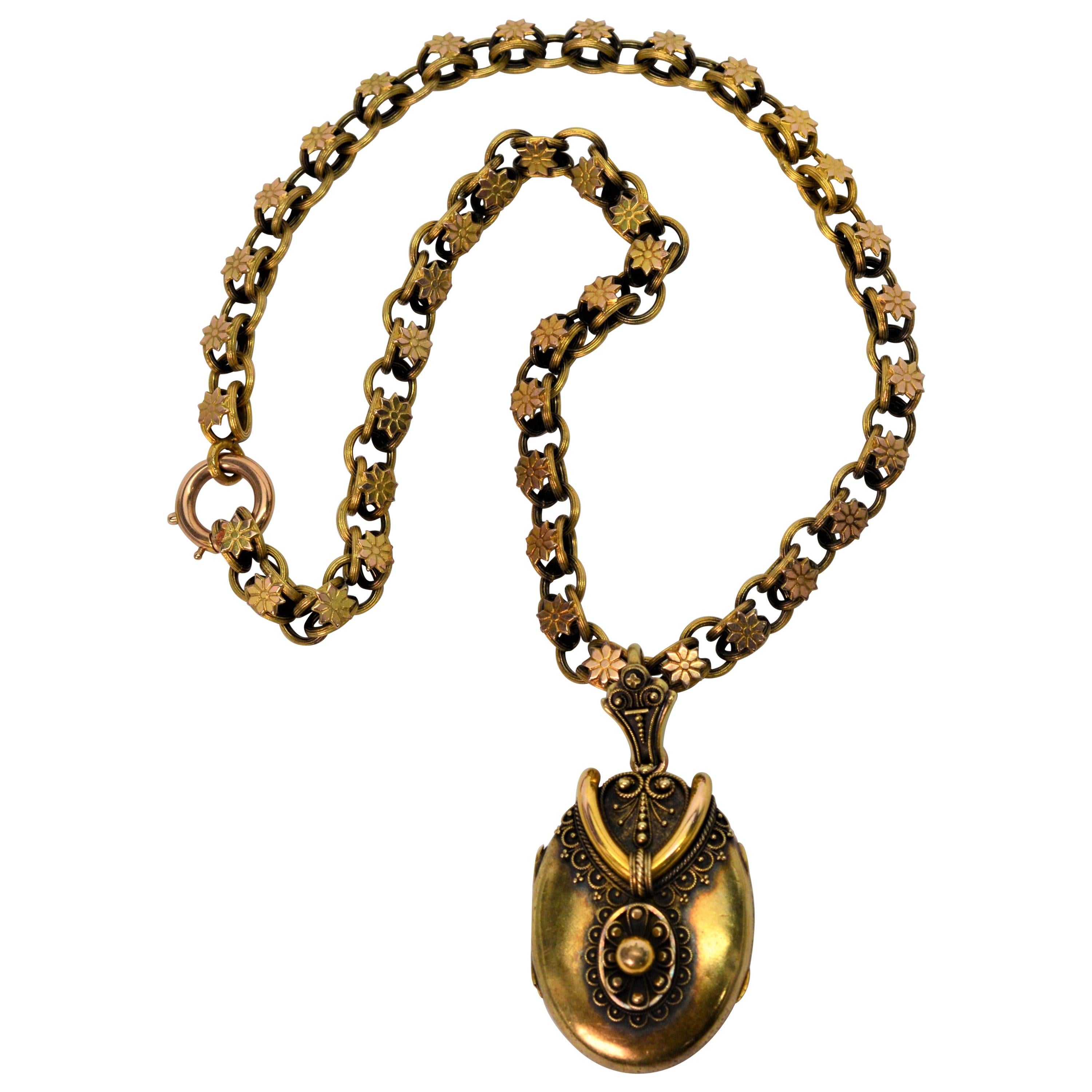Antique 14 Karat Double Looped Chain Pendant Locket Necklace For Sale