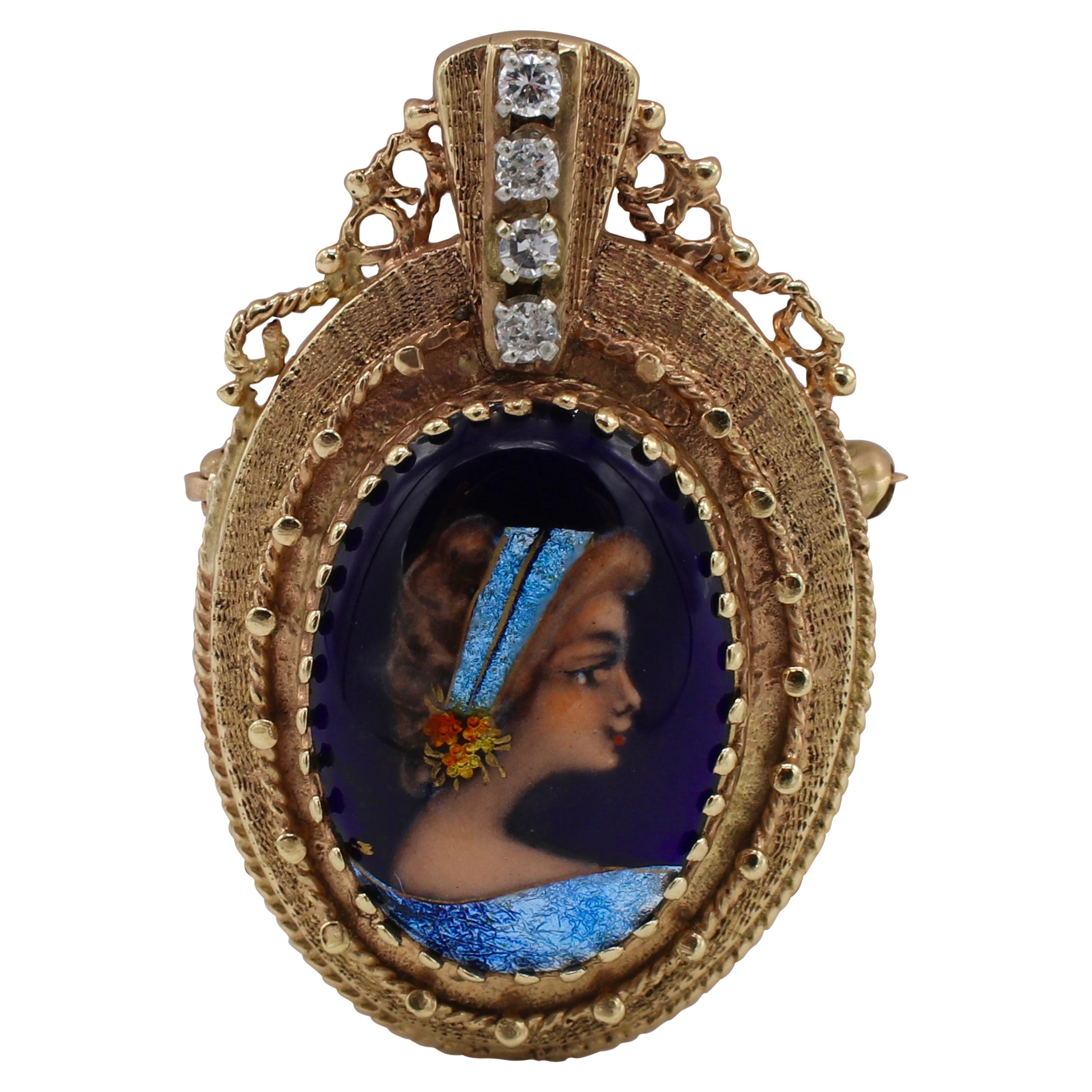 Antique 14 Karat French Painted Enamel Diamond Portrait Brooch Pin or Pendant For Sale