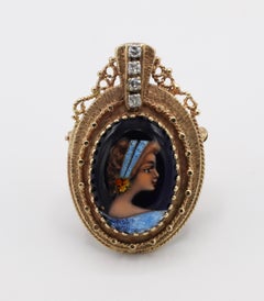 Antique 14 Karat French Painted Enamel Diamond Portrait Brooch Pin or Pendant