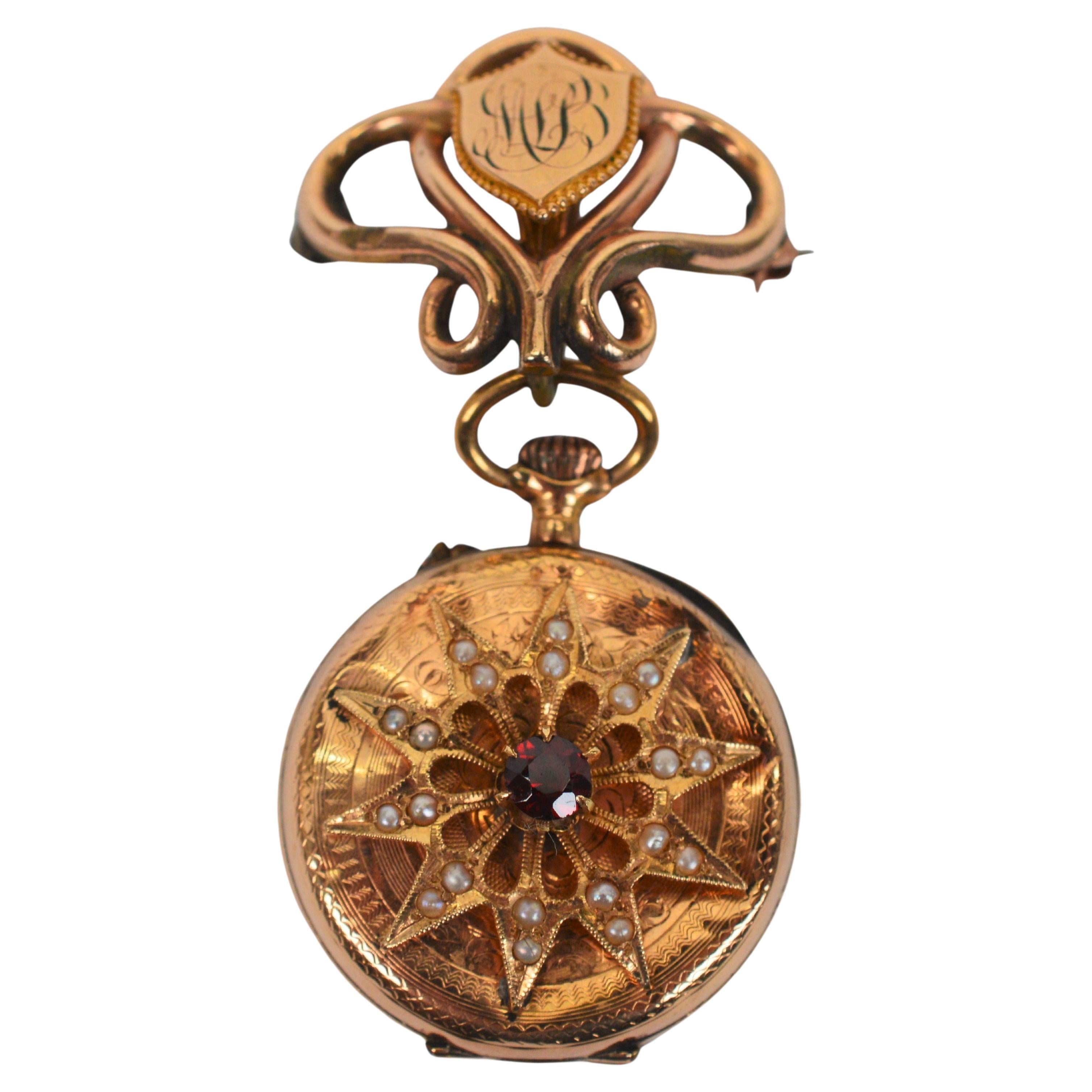 Antike 14 Karat Gold Uhren-Anstecknadelbrosche aus dem 19. Jahrhundert im Angebot 5
