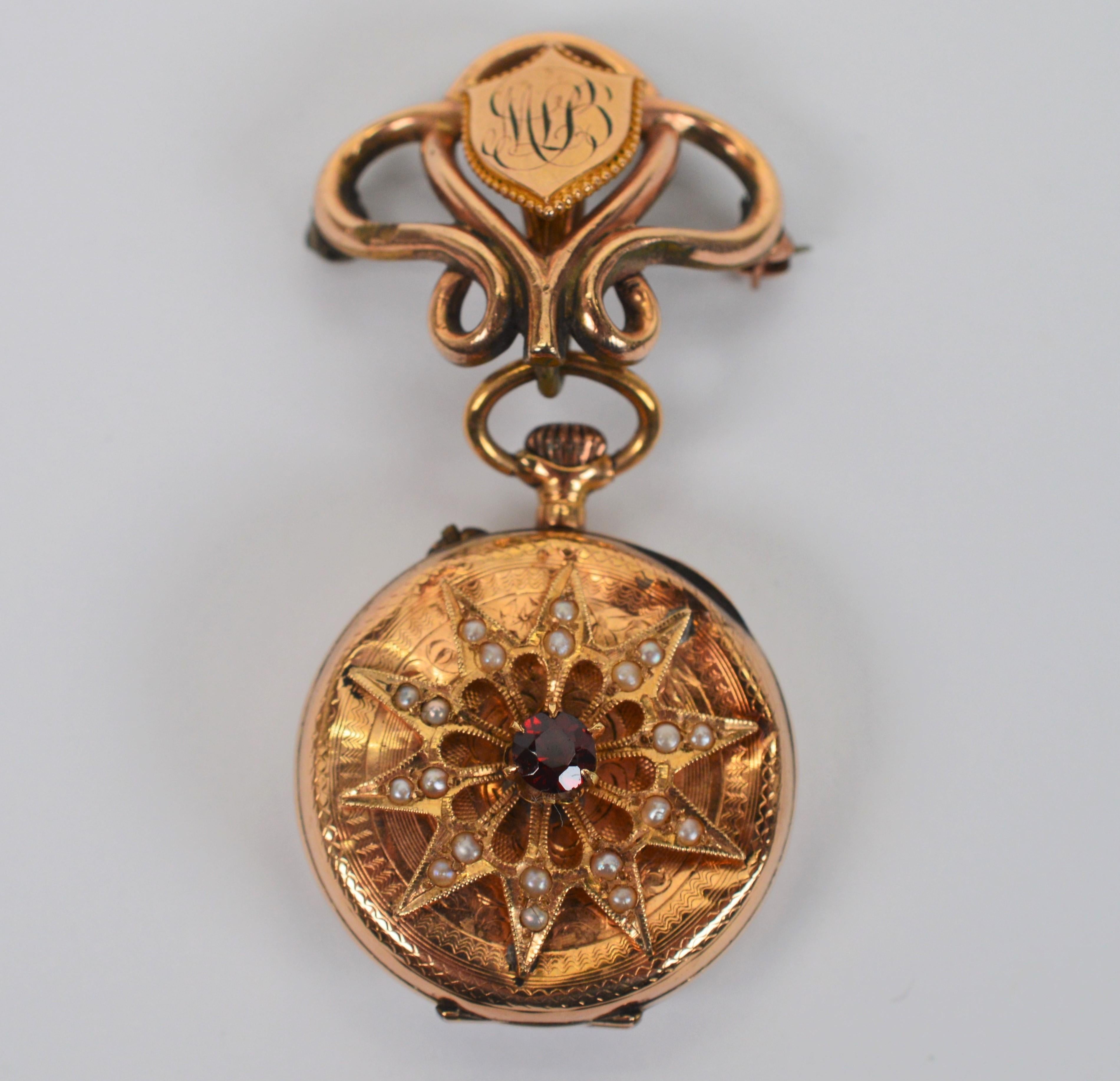 Antike 14 Karat Gold Uhren-Anstecknadelbrosche aus dem 19. Jahrhundert (Rundschliff) im Angebot