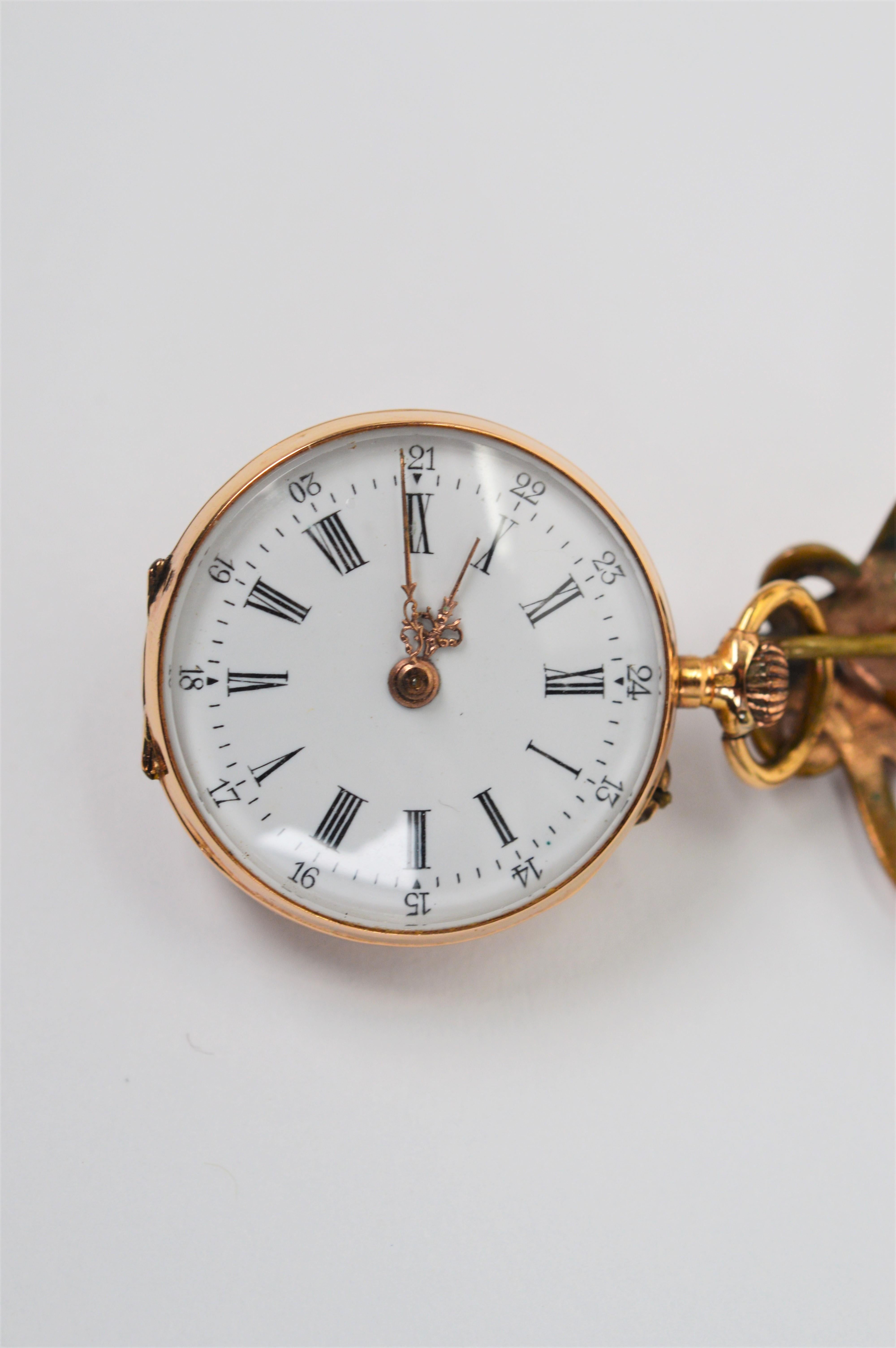 Antike 14 Karat Gold Uhren-Anstecknadelbrosche aus dem 19. Jahrhundert im Zustand „Gut“ im Angebot in Mount Kisco, NY