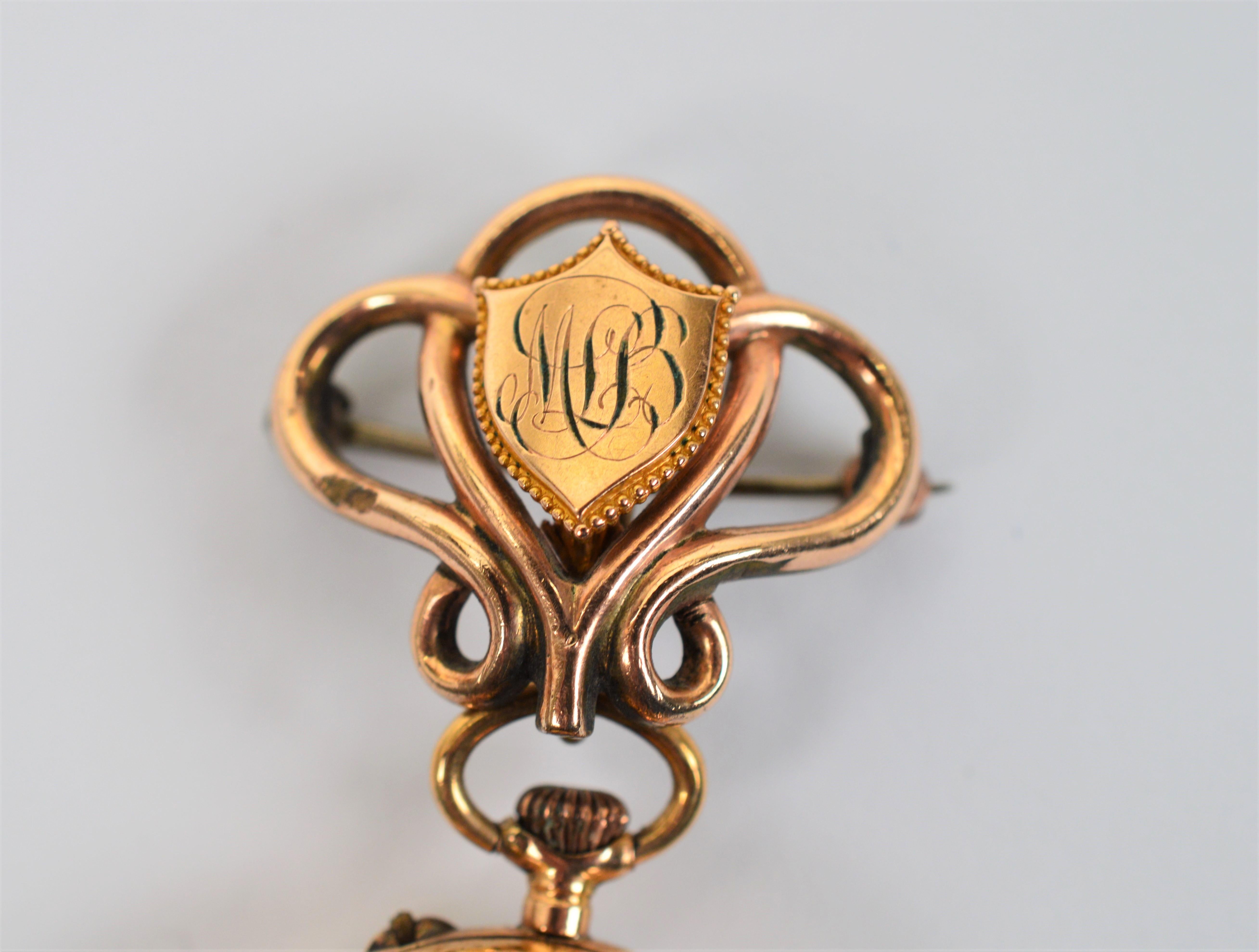 Antike 14 Karat Gold Uhren-Anstecknadelbrosche aus dem 19. Jahrhundert Damen im Angebot