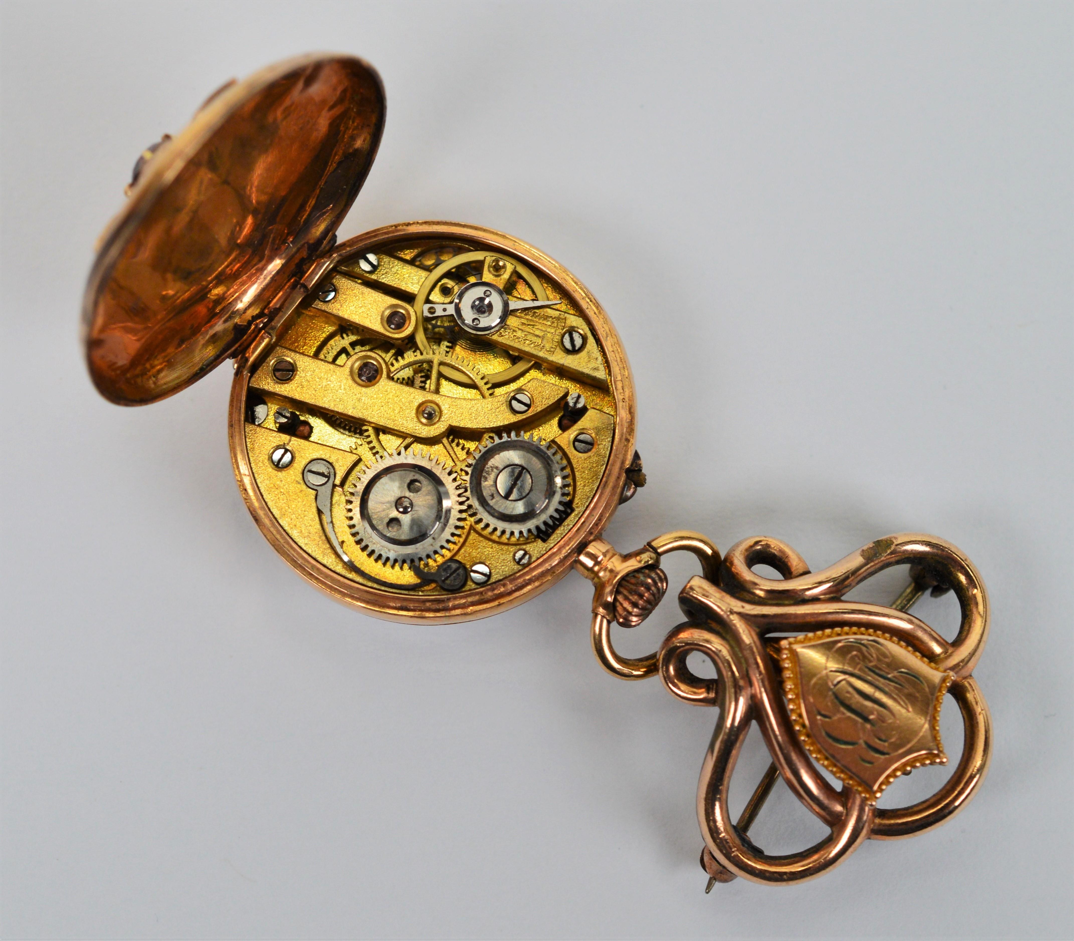 Antike 14 Karat Gold Uhren-Anstecknadelbrosche aus dem 19. Jahrhundert im Angebot 2