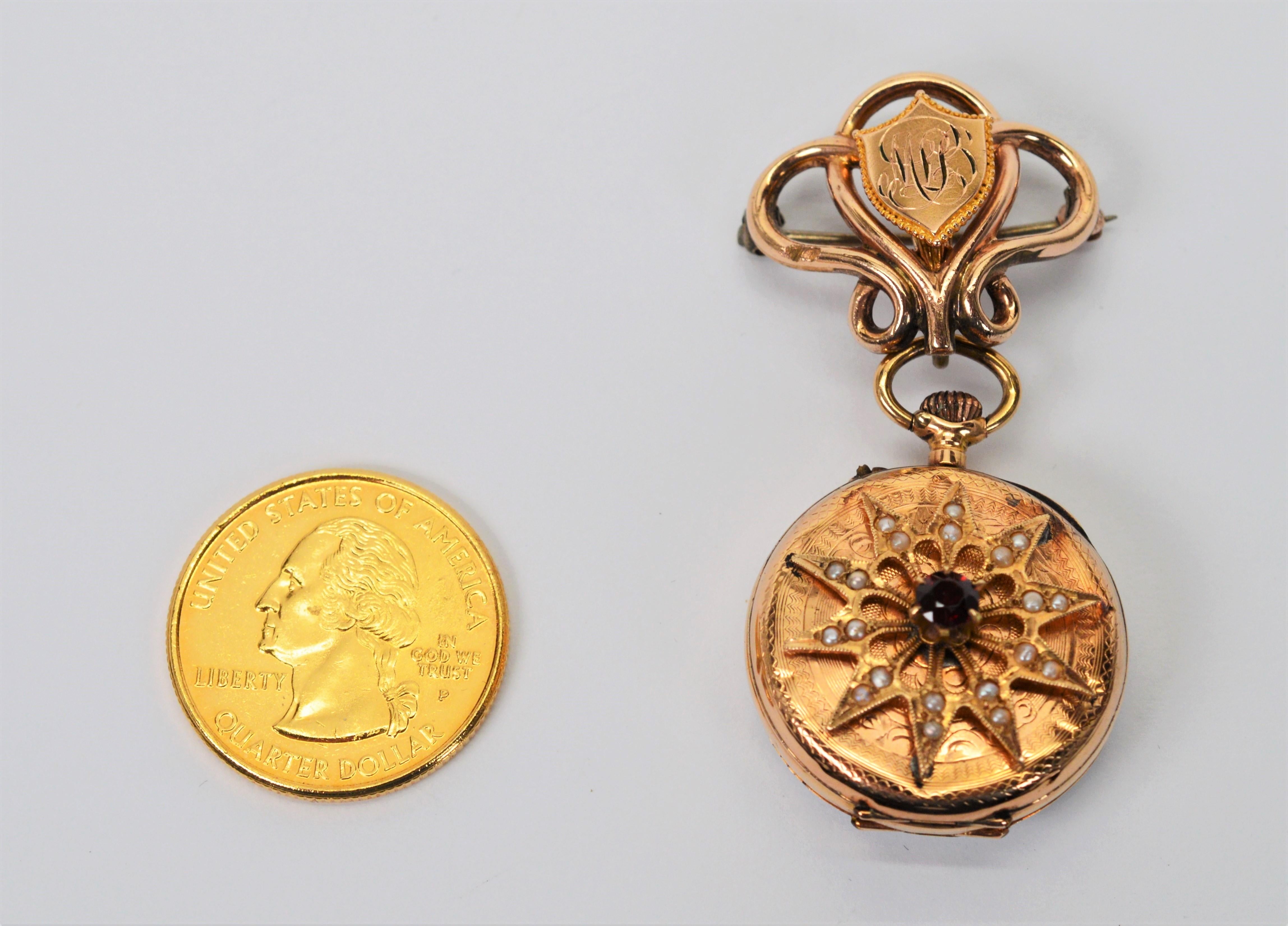 Antike 14 Karat Gold Uhren-Anstecknadelbrosche aus dem 19. Jahrhundert im Angebot 4