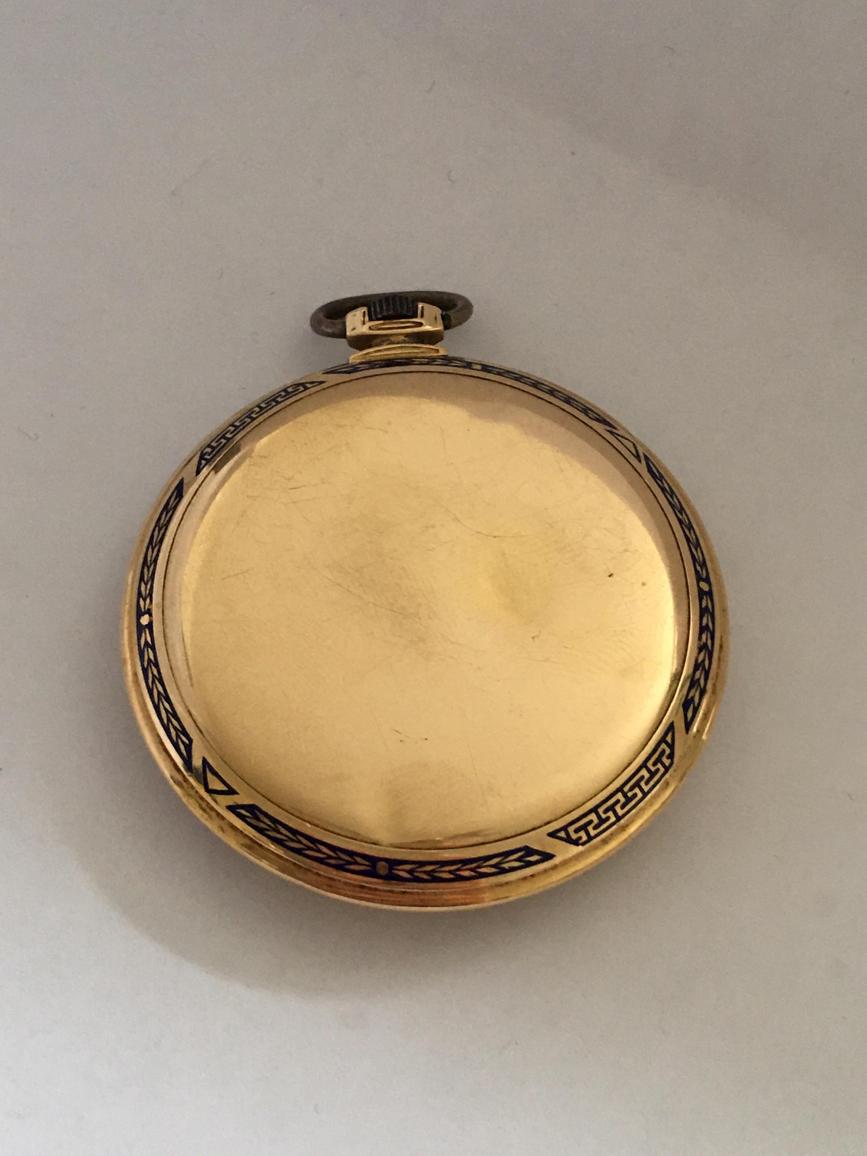 This beautiful 47mm diameter Gold Dress Watch is in good working condition and it is ticking well. Visible signs of ageing and wear with dial is a bit worn. Visible dents on the back cover and the side case. The loop or metal ring is tarnished as