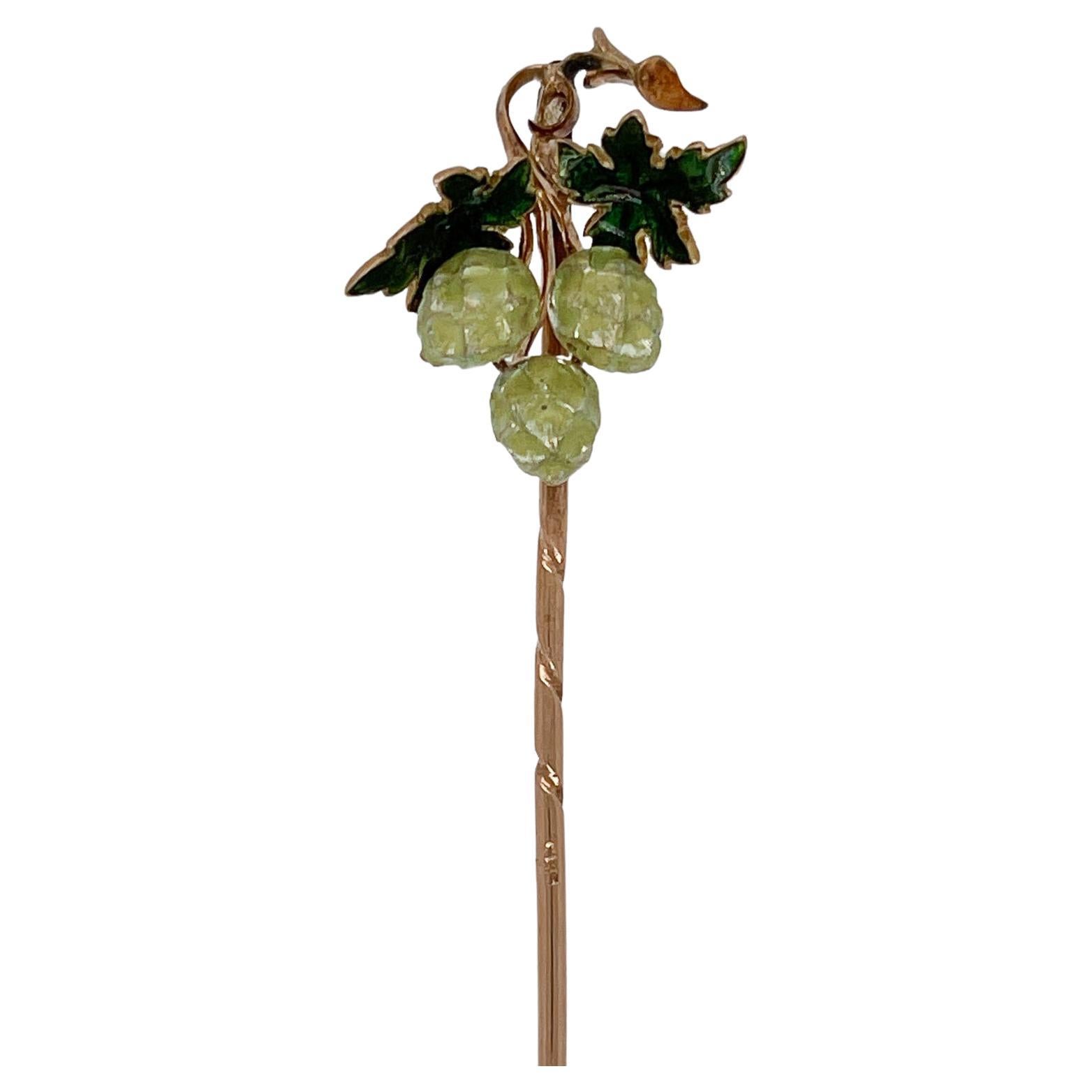 Antique 14 Karat Gold and Enameled Hop Seed or Flower Stickpin