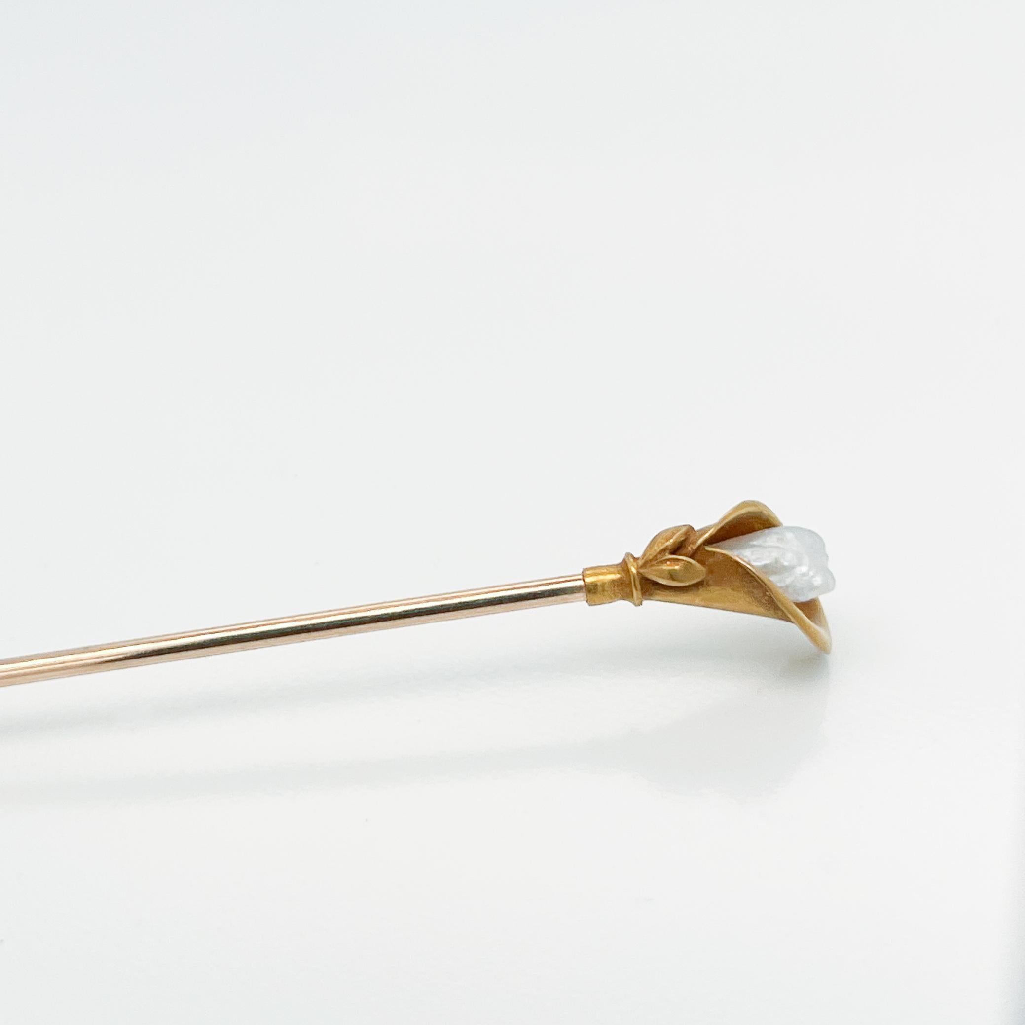 Edwardian Antique 14 Karat Gold and Gold Filled Peace Lily Hat Pin with Keshi Pearl For Sale