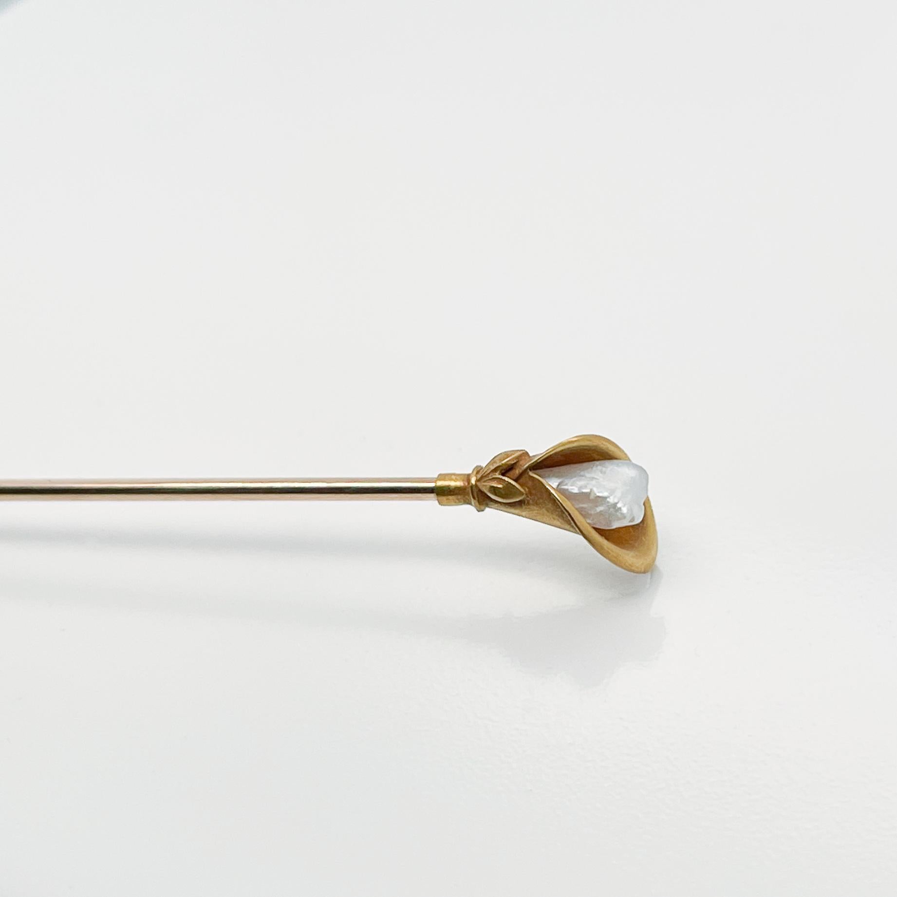 Antique 14 Karat Gold and Gold Filled Peace Lily Hat Pin with Keshi Pearl In Good Condition For Sale In Philadelphia, PA