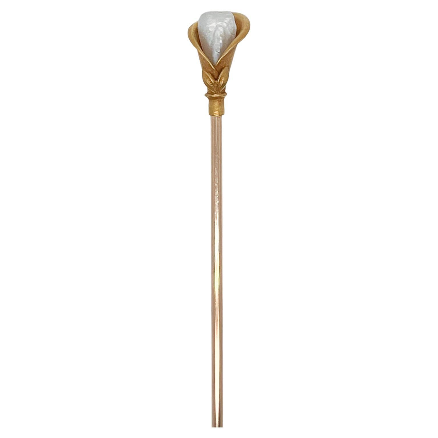 Antique 14 Karat Gold and Gold Filled Peace Lily Hat Pin with Keshi Pearl For Sale