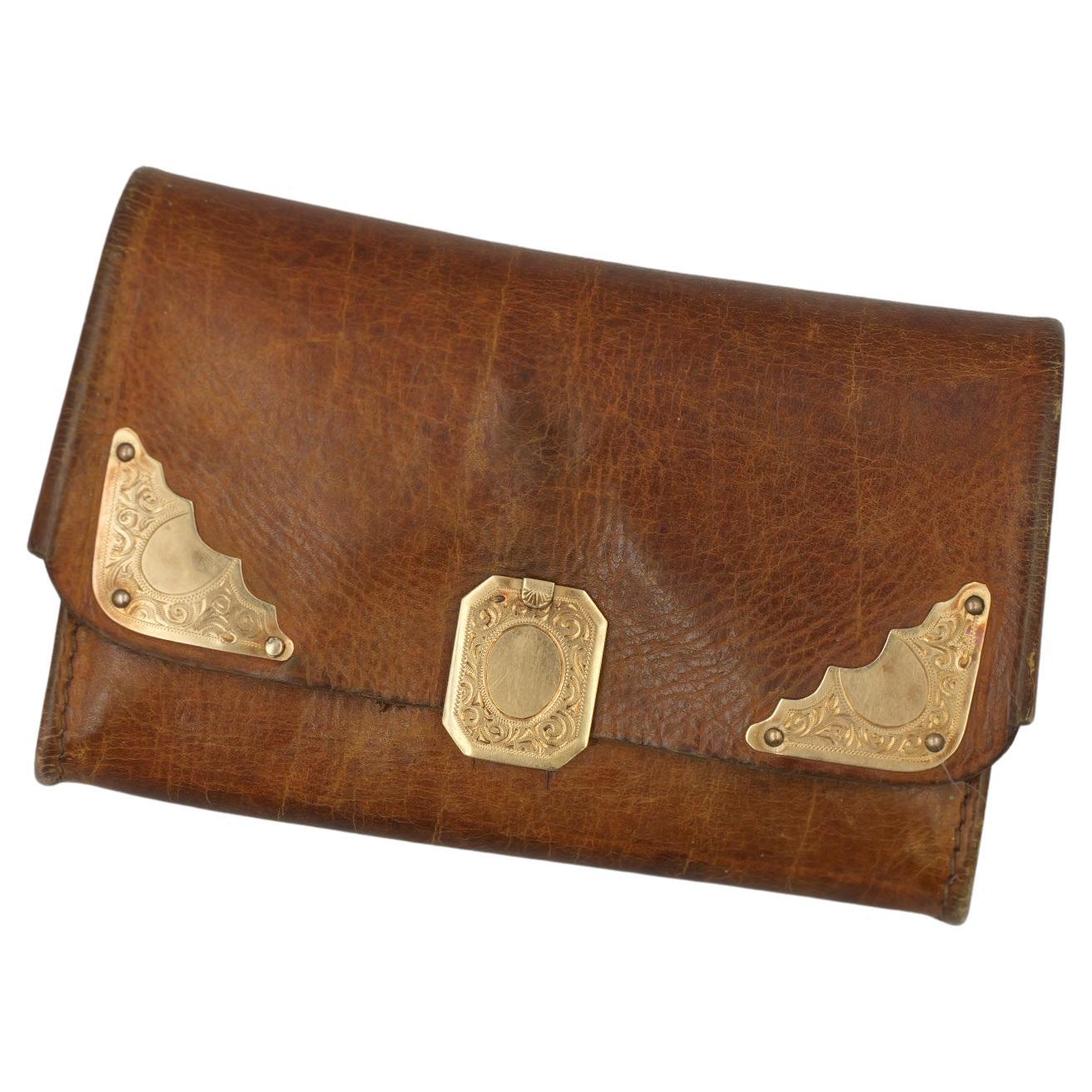 Antique 14 karat gold and leather coin purse / wallet  For Sale