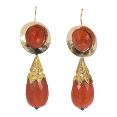 Antique 14 Karat Gold and Red Coral Earrings, Mid-19th Century