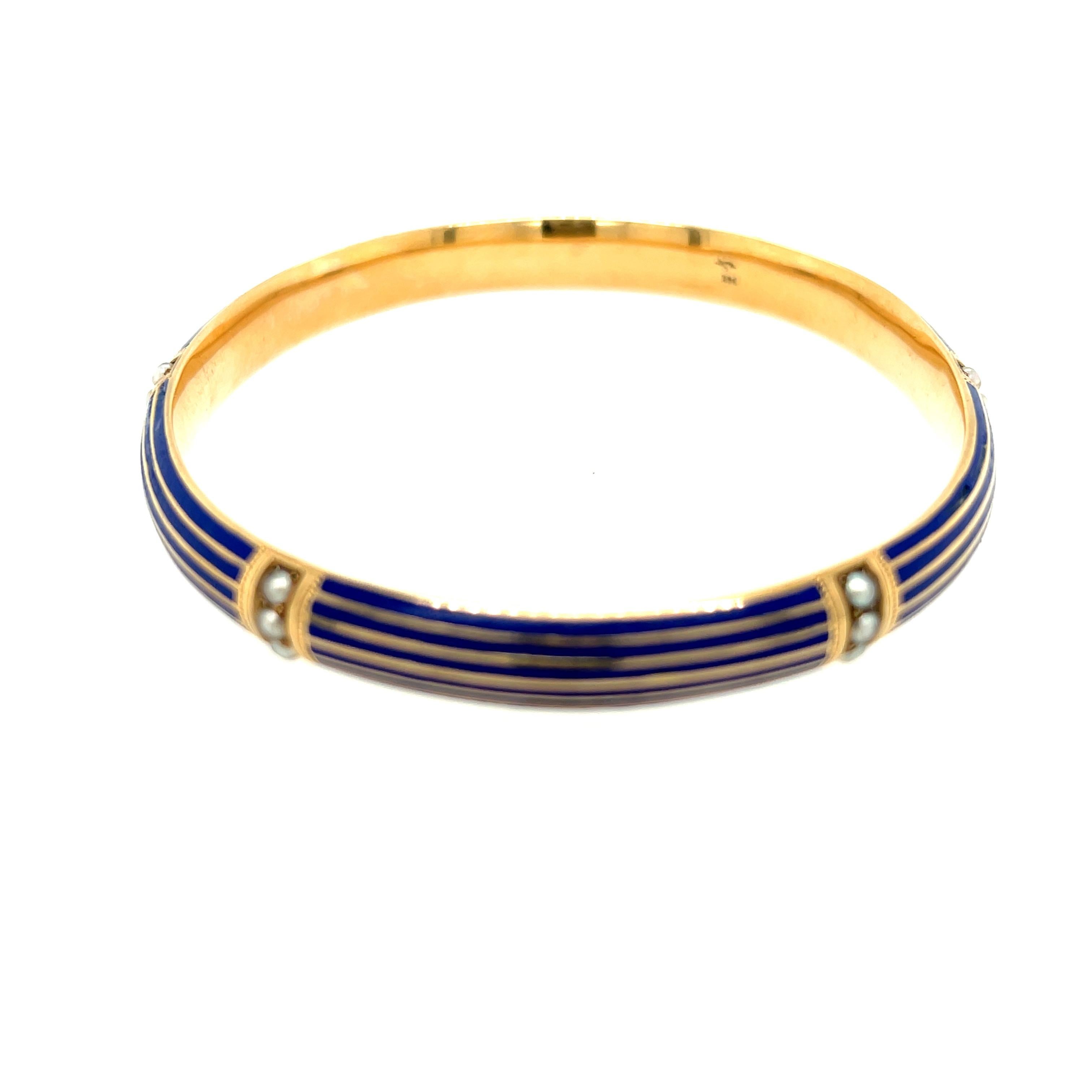 Arts and Crafts Antique 14 Karat Gold Blue Enamel Pearl Bangle Bracelet by Riker Brothers