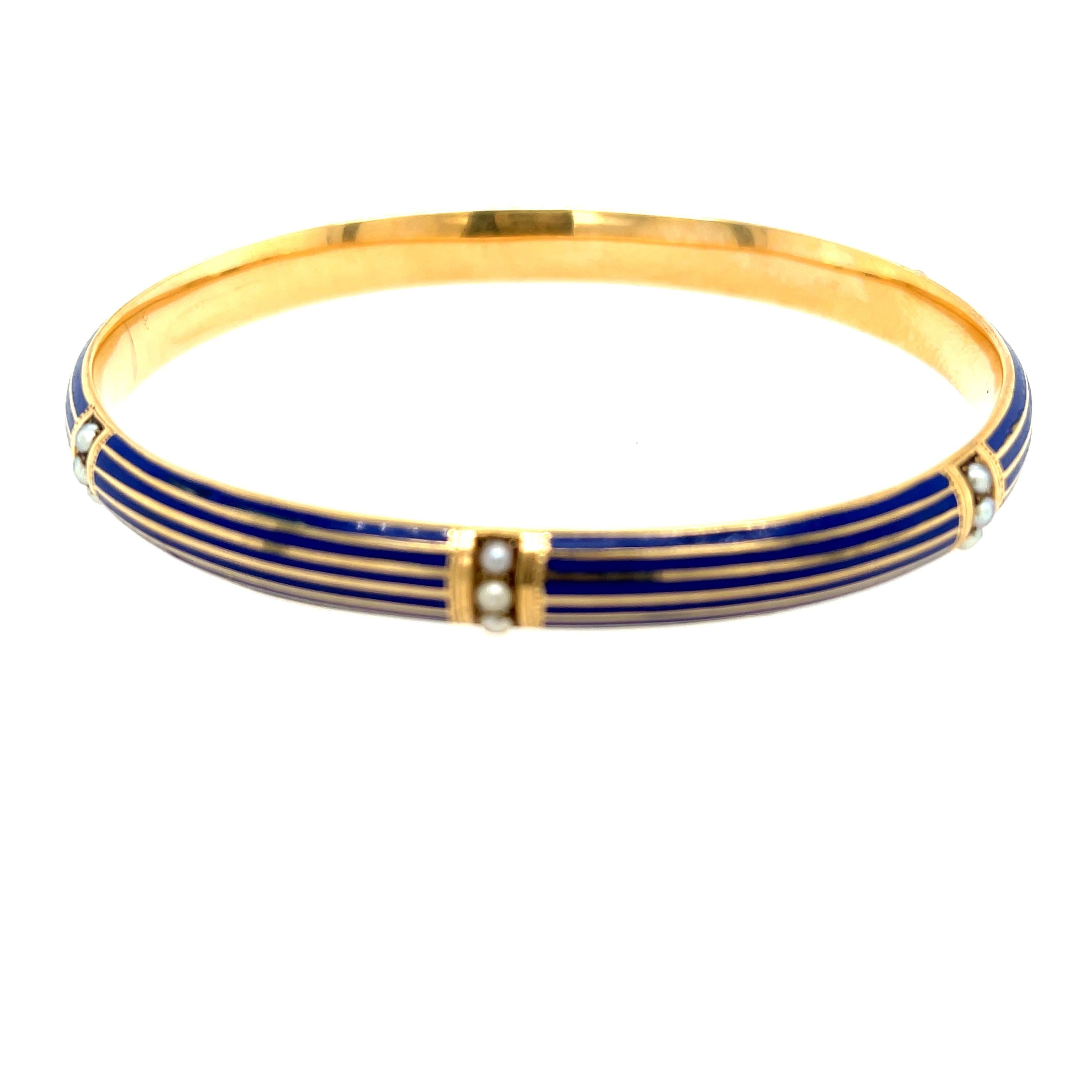 Antique 14 Karat Gold Blue Enamel Pearl Bangle Bracelet by Riker Brothers In Good Condition In New York, NY