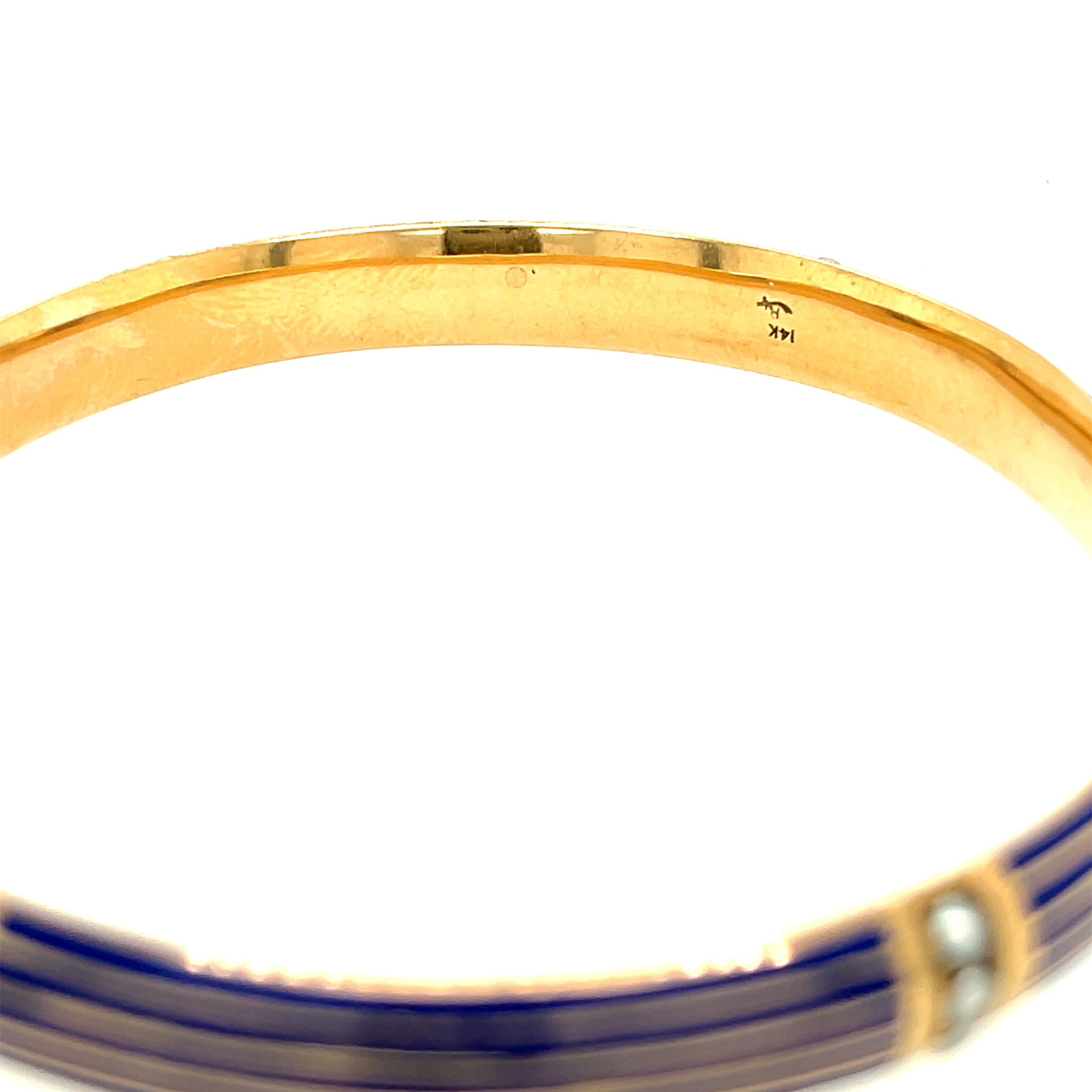 Women's or Men's Antique 14 Karat Gold Blue Enamel Pearl Bangle Bracelet by Riker Brothers