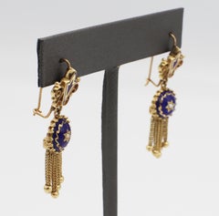 Antique 14 Karat Gold & Blue Enamel & Pearl Dangle Fringe Drop Earrings