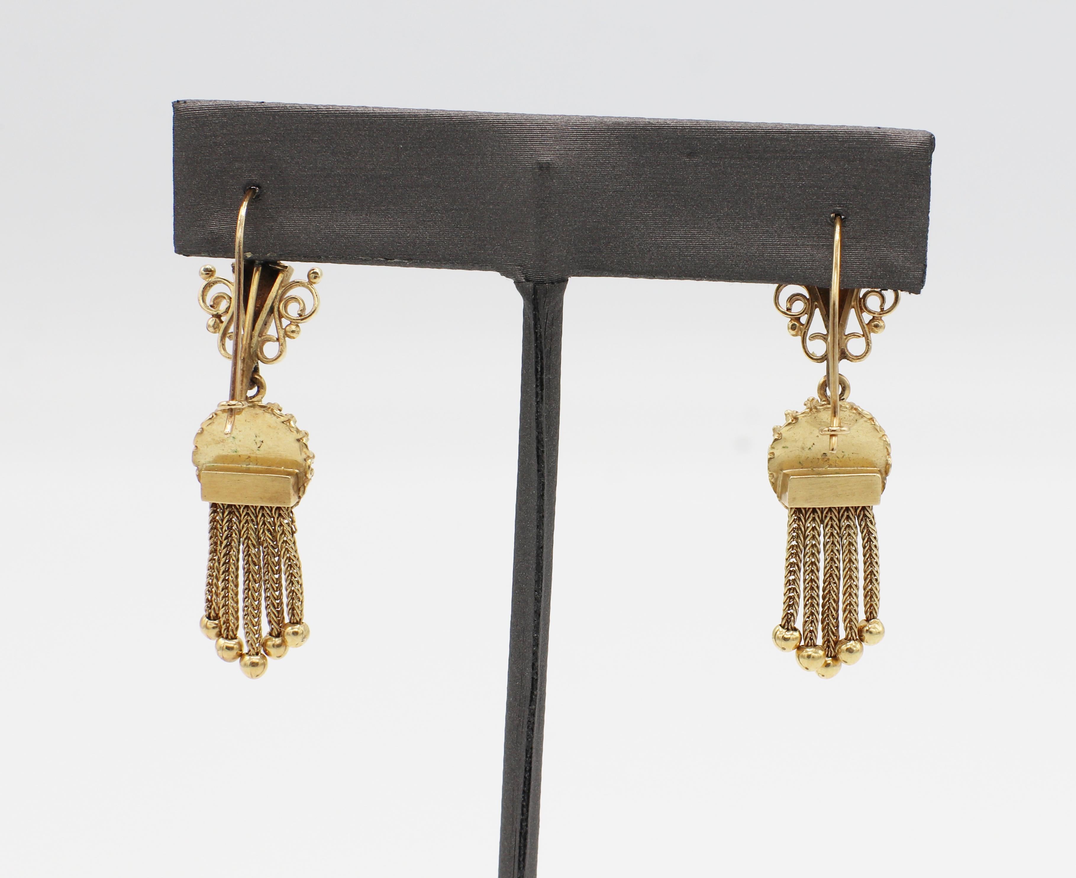 Victorian Antique 14 Karat Gold & Blue Enamel & Pearl Dangle Fringe Drop Earrings