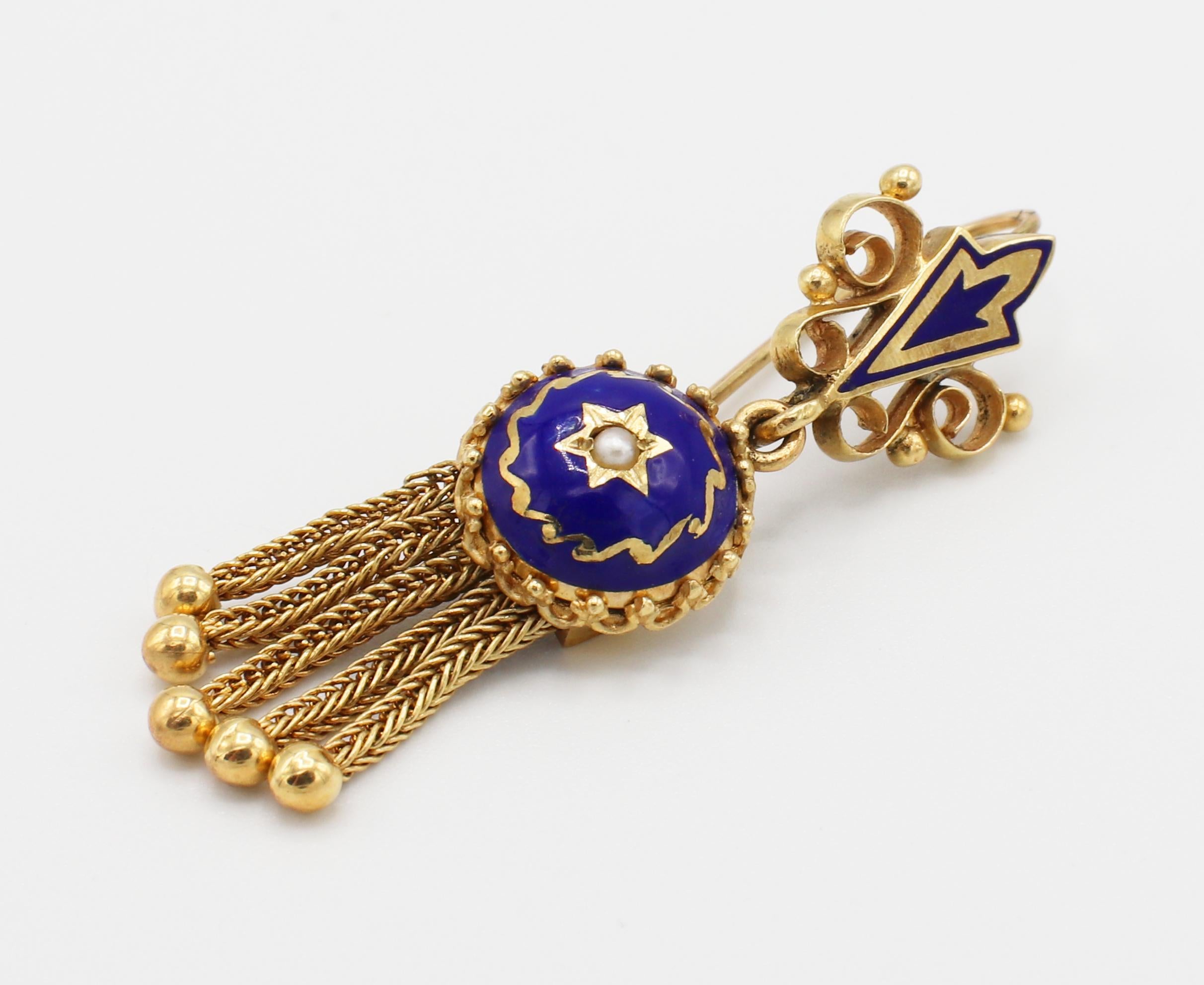 Antique 14 Karat Gold & Blue Enamel & Pearl Dangle Fringe Drop Earrings In Good Condition In  Baltimore, MD