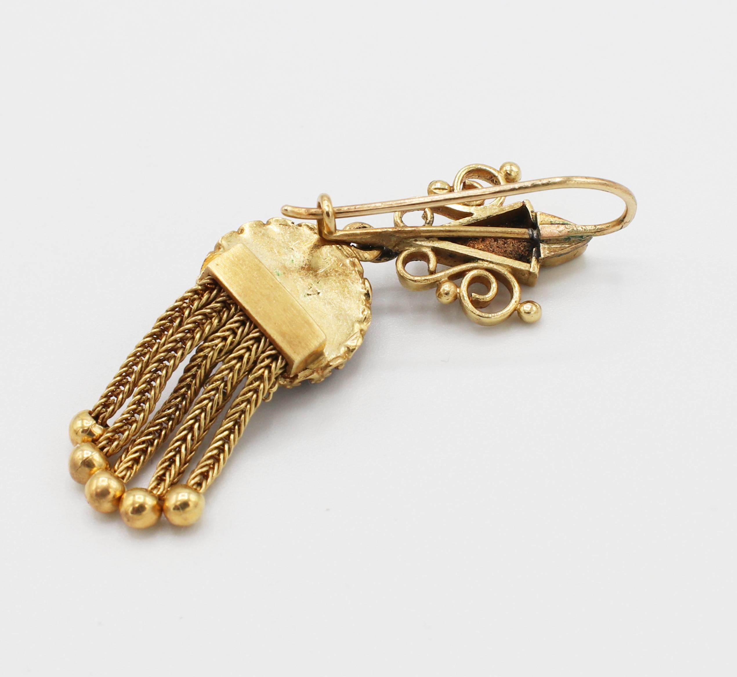 Women's Antique 14 Karat Gold & Blue Enamel & Pearl Dangle Fringe Drop Earrings