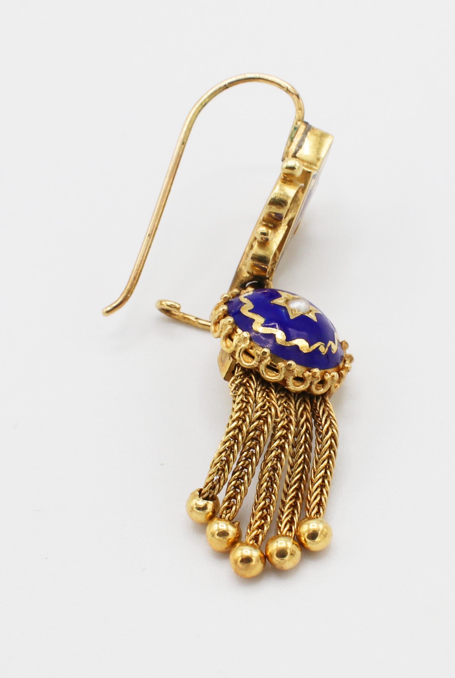 Antique 14 Karat Gold & Blue Enamel & Pearl Dangle Fringe Drop Earrings 1