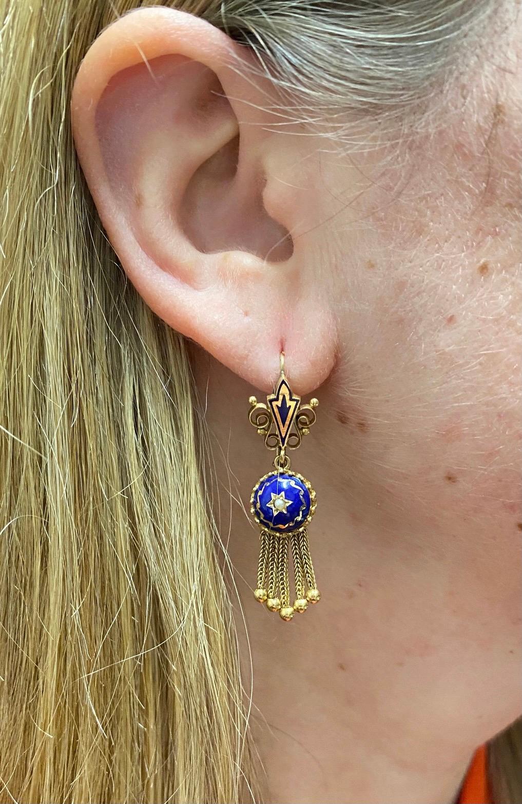 Antique 14 Karat Gold & Blue Enamel & Pearl Dangle Fringe Drop Earrings 2