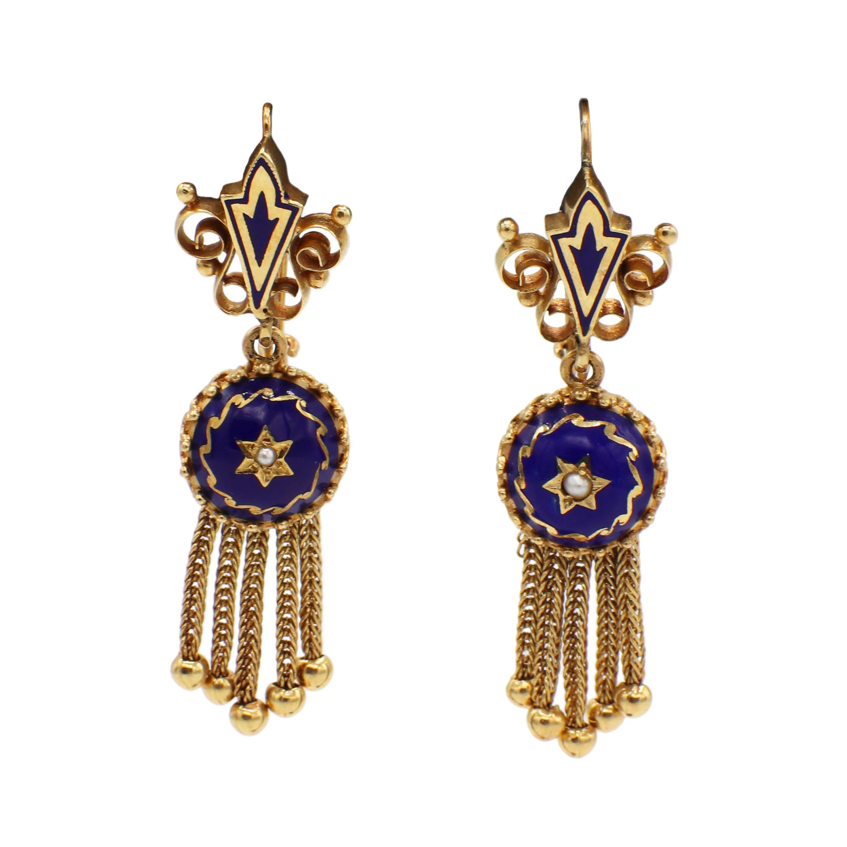 Antique 14 Karat Gold & Blue Enamel & Pearl Dangle Fringe Drop Earrings