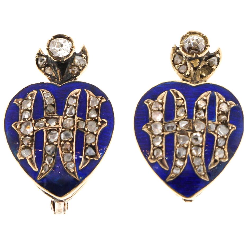 Antique 14 Karat Gold Blue Enamel Rosecut Diamond Heart Earrings