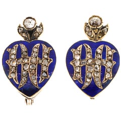 Antike Herzohrringe aus 14 Karat Gold mit blauer Emaille und Diamanten im Rosenschliff