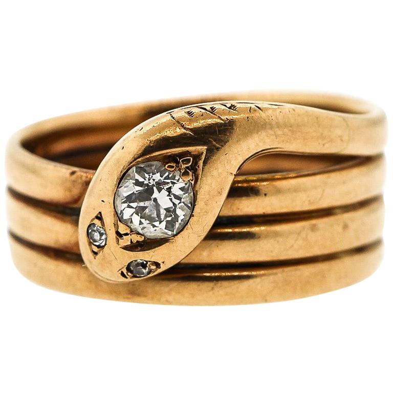 Antique 14 Karat Gold Coiled Snake Ring Set with Diamond