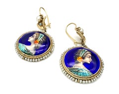 Antique 14K Gold Dangle Earring Enamel Painting Oriental Pearl Seed Pearl