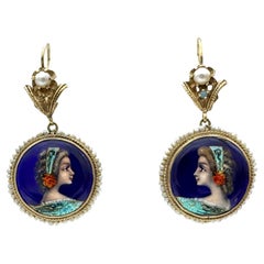 Antiker 14 Karat Gold Ohrring Emaille Gemälde Orientalische Perle Saatperle