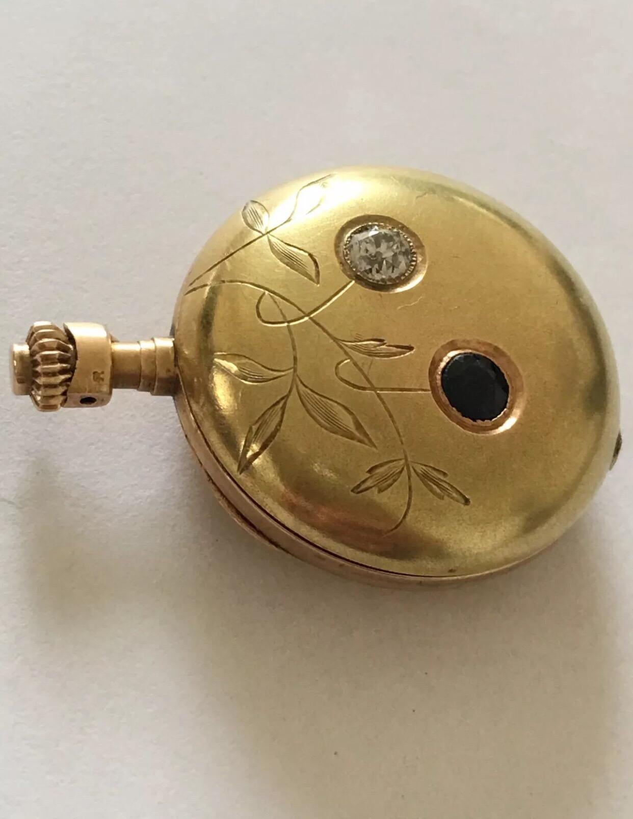 Antique 14 Karat Gold, Diamond and Saphire Fob Watch For Sale 6