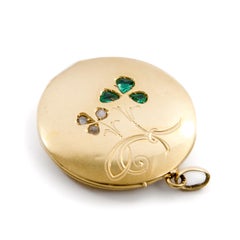 Antique 14 Karat Gold Emerald and Diamond Locket Pendant, Late 19th Century