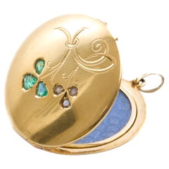 Antique 14 Karat Gold Emerald and Diamond Locket Pendant, Late 19th Century