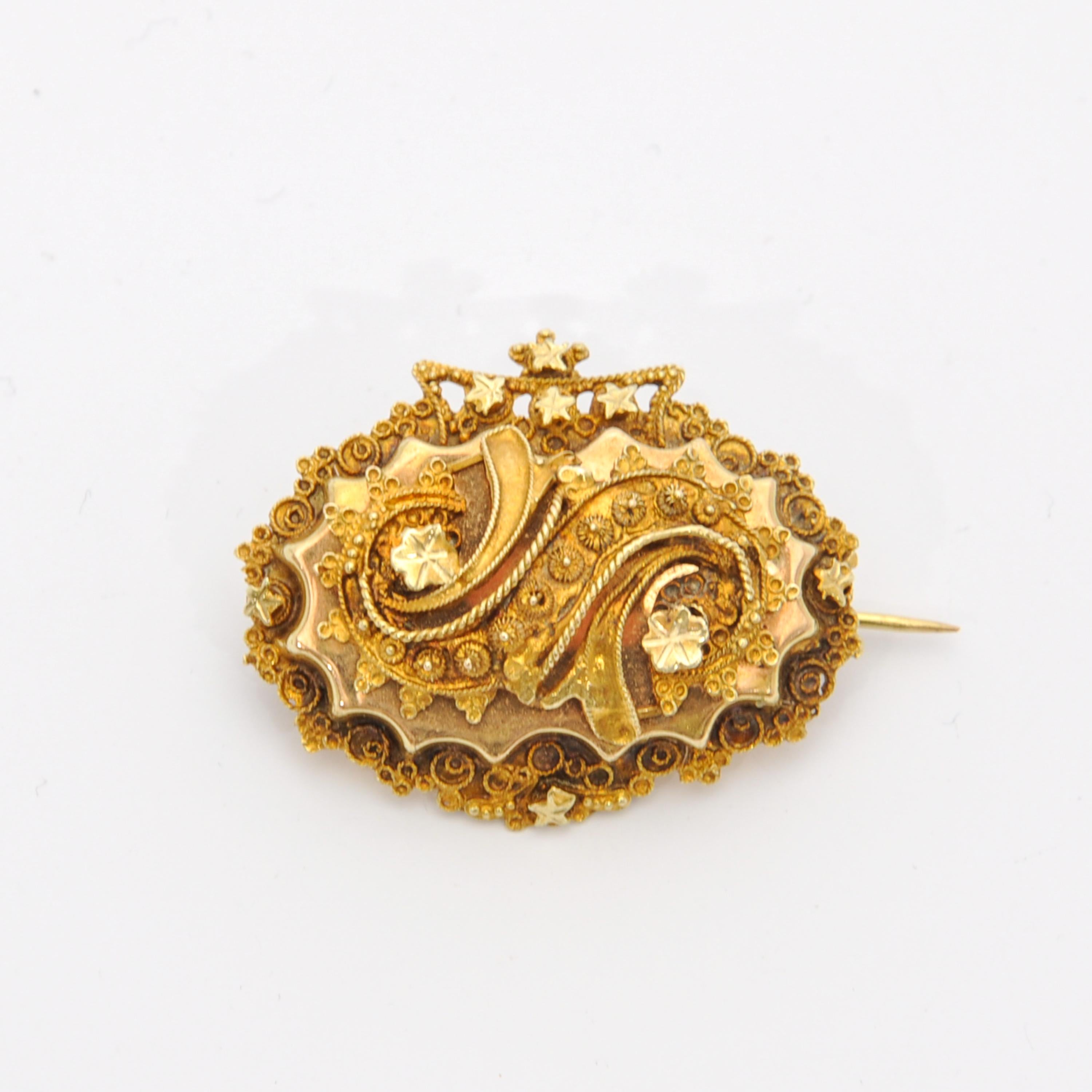 Women's or Men's Antique 19th Century 14K Gold Cannetille Tassel Brooch For Sale