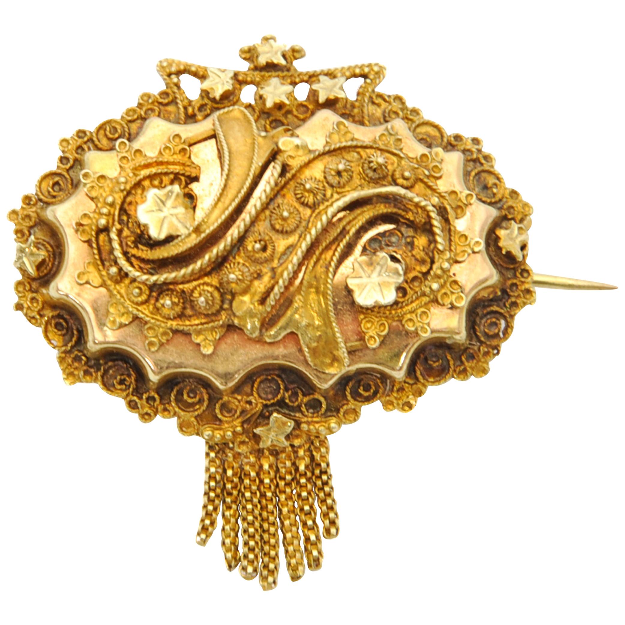 Antike 14 Karat Gold Cannetille-Brosche mit Quaste aus dem 19. Jahrhundert