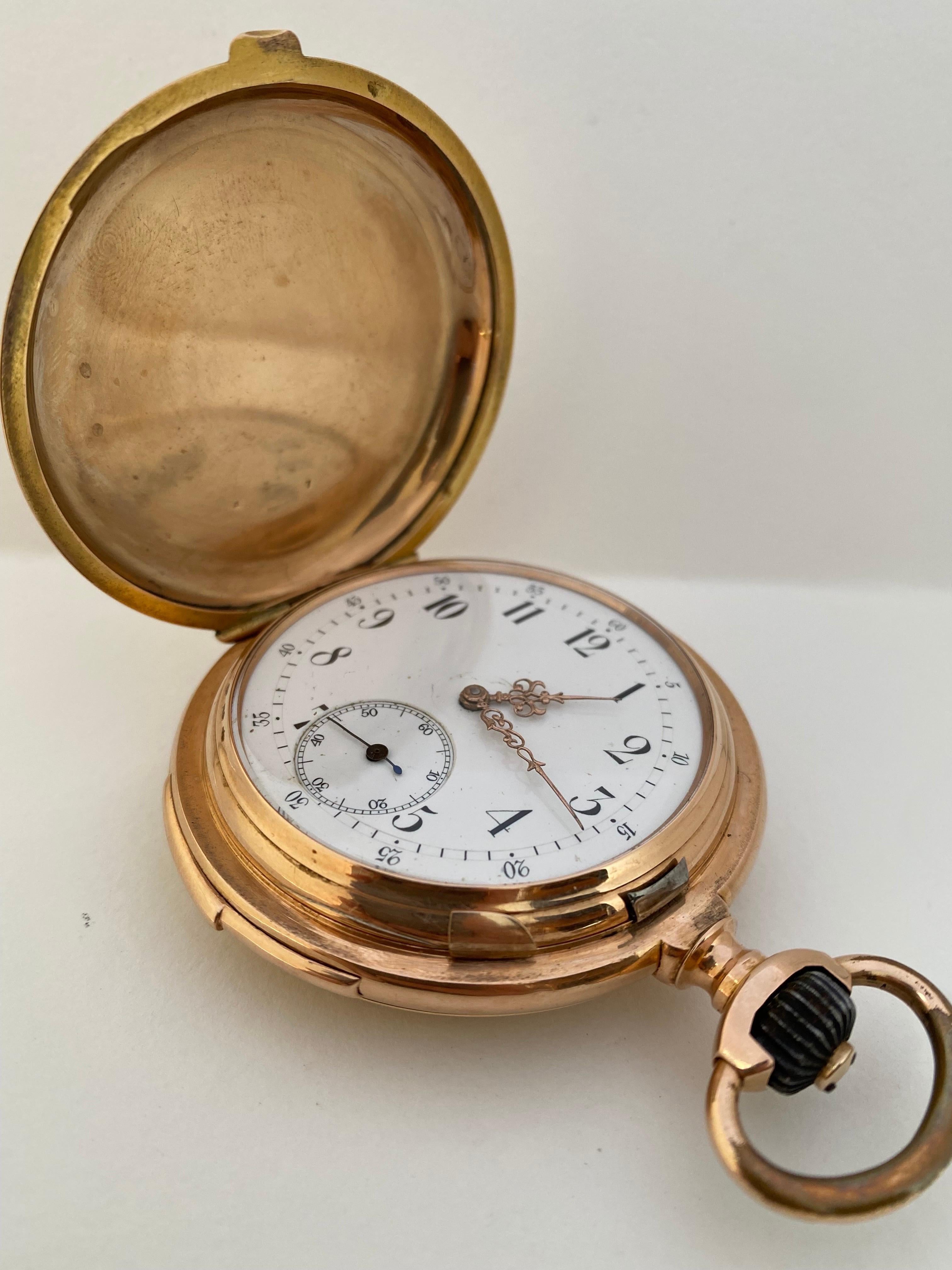 Antique 14 Karat Gold Full Hunter LeCoultre & Co. Minute Repeater Pocket Watch For Sale 9