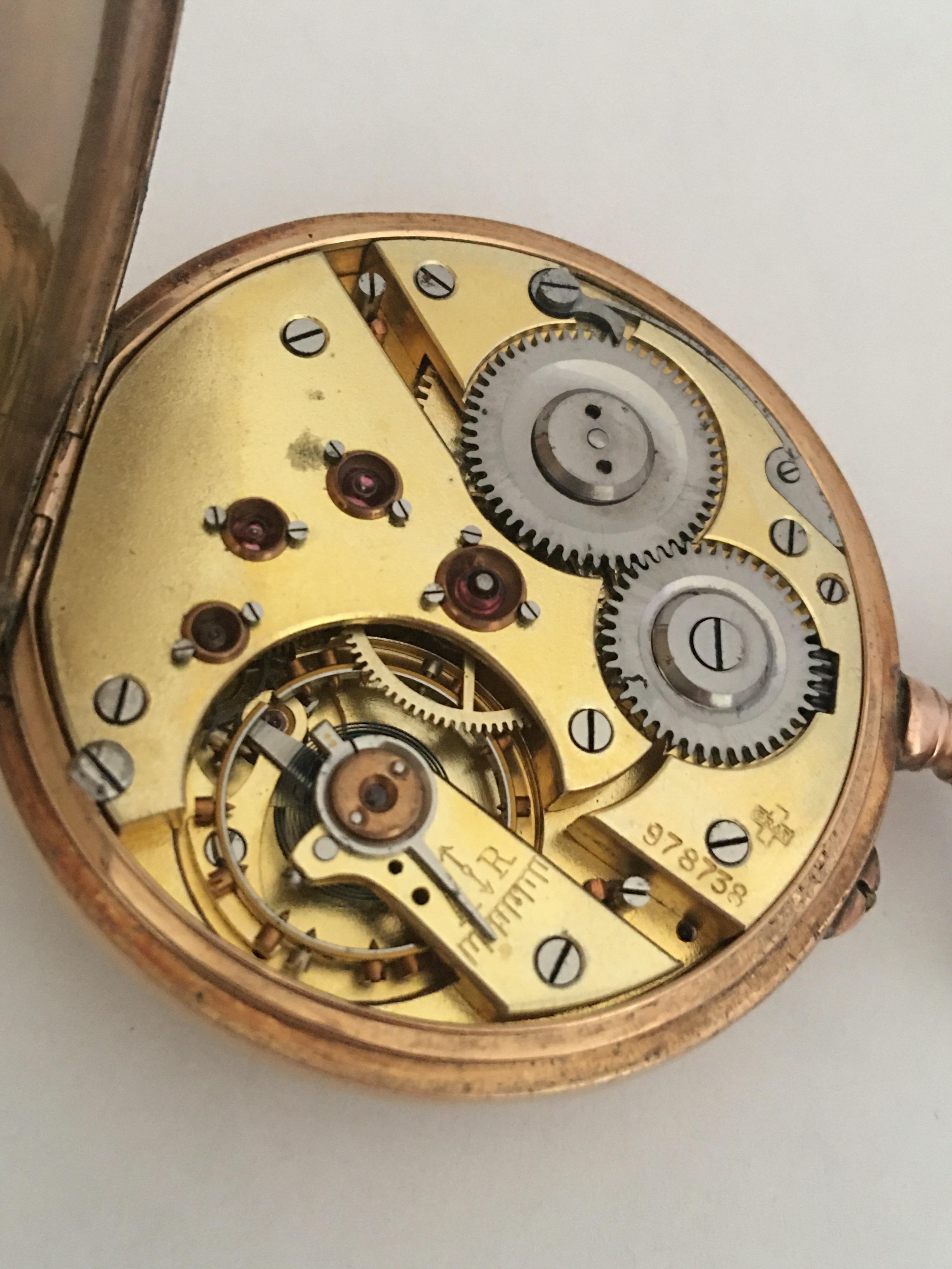Antike antike Taschenuhr aus 14 Karat Gold, schlüsselloser Aufzug im Angebot 6