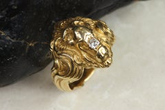 Antique 14 Karat Gold Lion Ring with Diamond Circa 1900