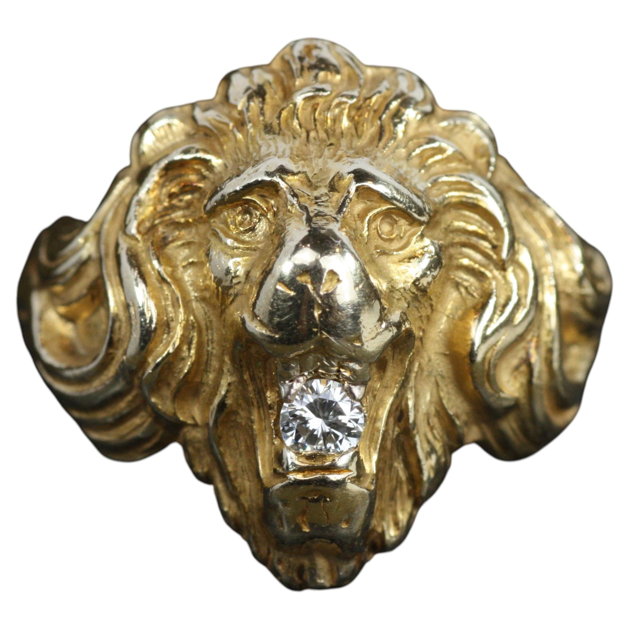 Antique 14 Karat Gold Lion Ring with Diamond Circa 1900