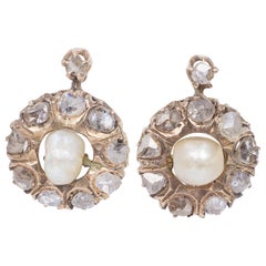 Antique 14 Karat Gold, Pearl and Diamond Earrings, Early 20th Century