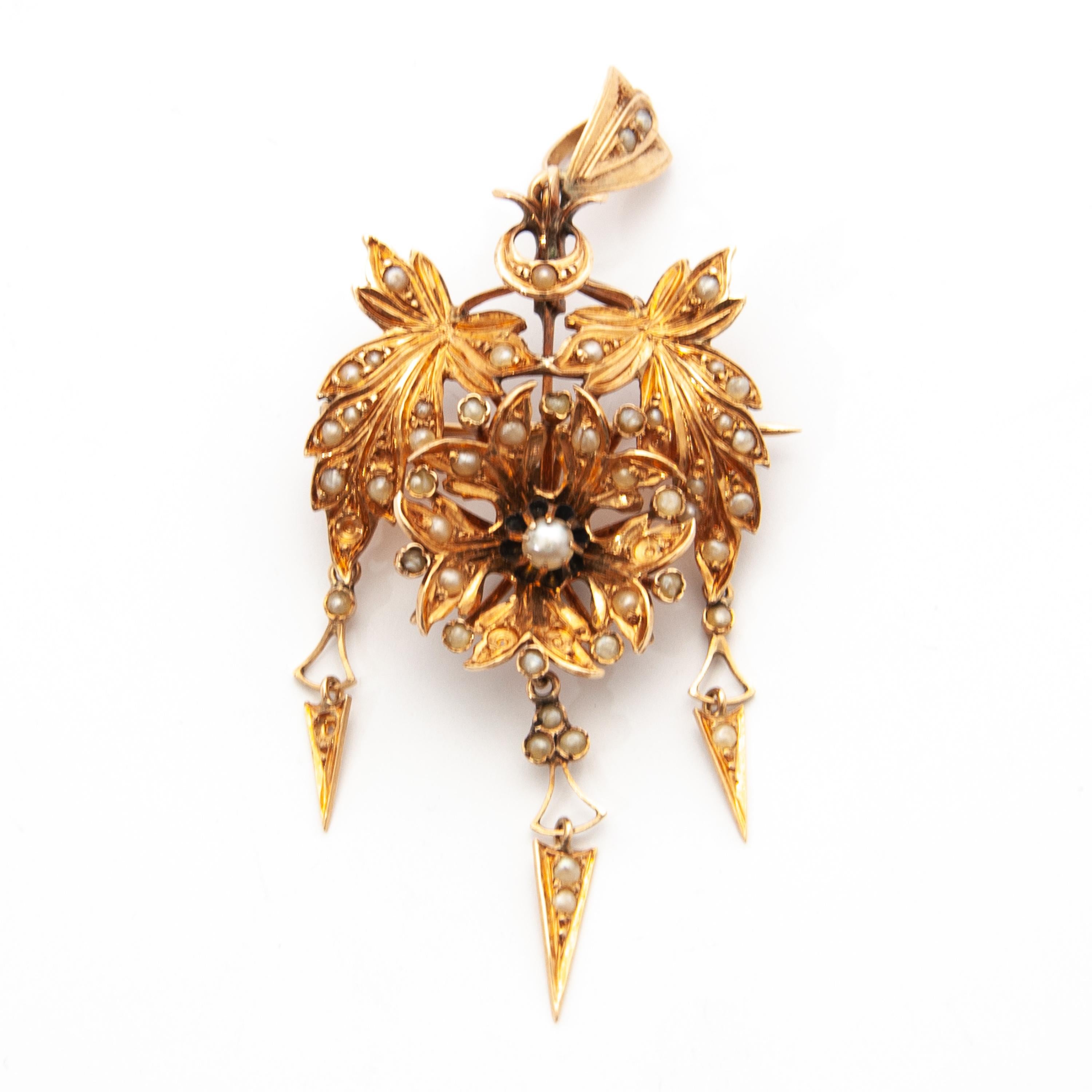 Women's Antique 19th Century Pearl and 14K Gold Pendant Brooch For Sale